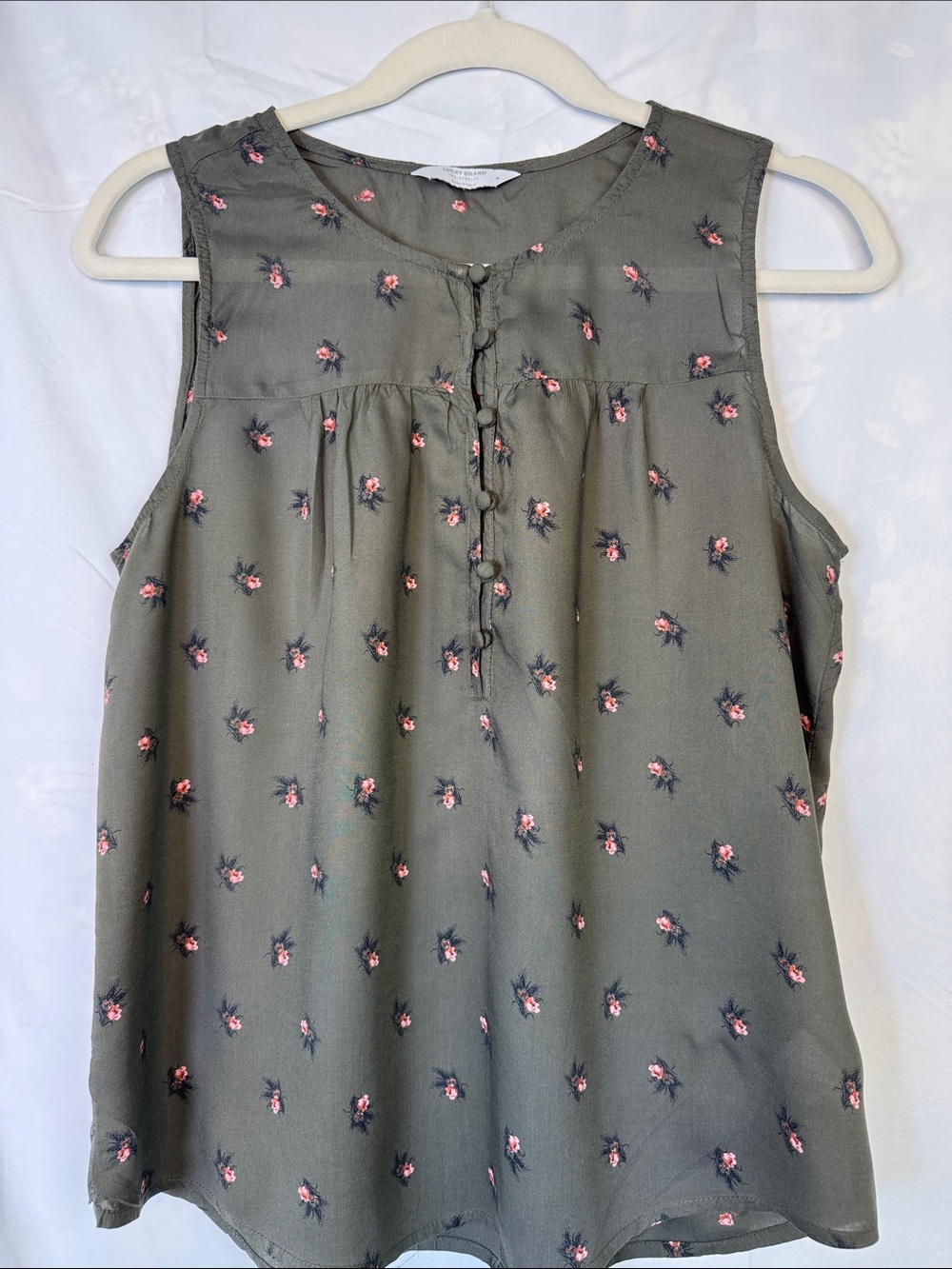 Lucky Brand Olive Green Sleeveless Floral Button-Front Cami